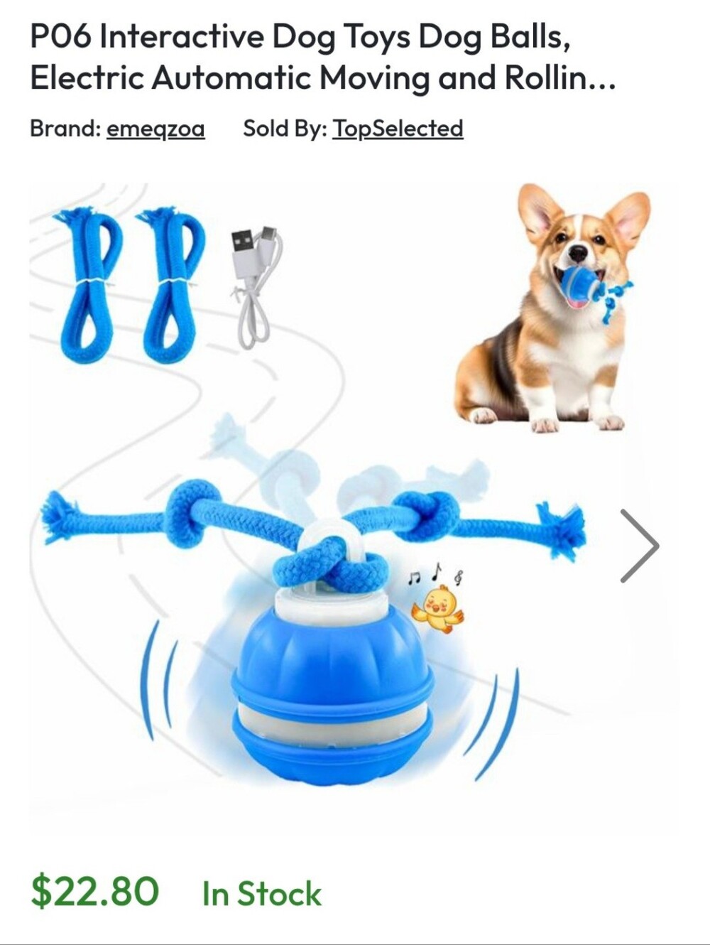 Blue Interactive Rolling Dog Toy with Rope